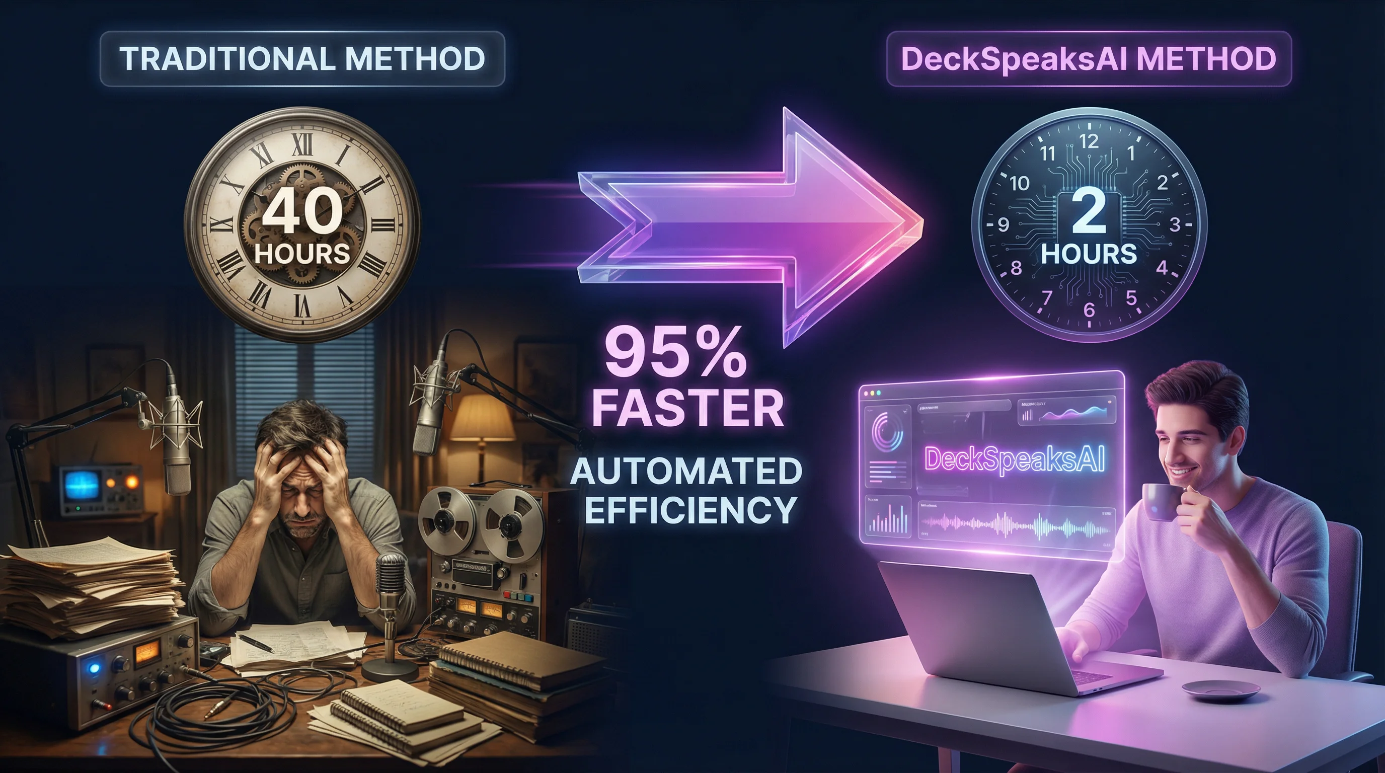 Time Savings Comparison - Weeks of traditional recording vs hours with DeckSpeaksAI